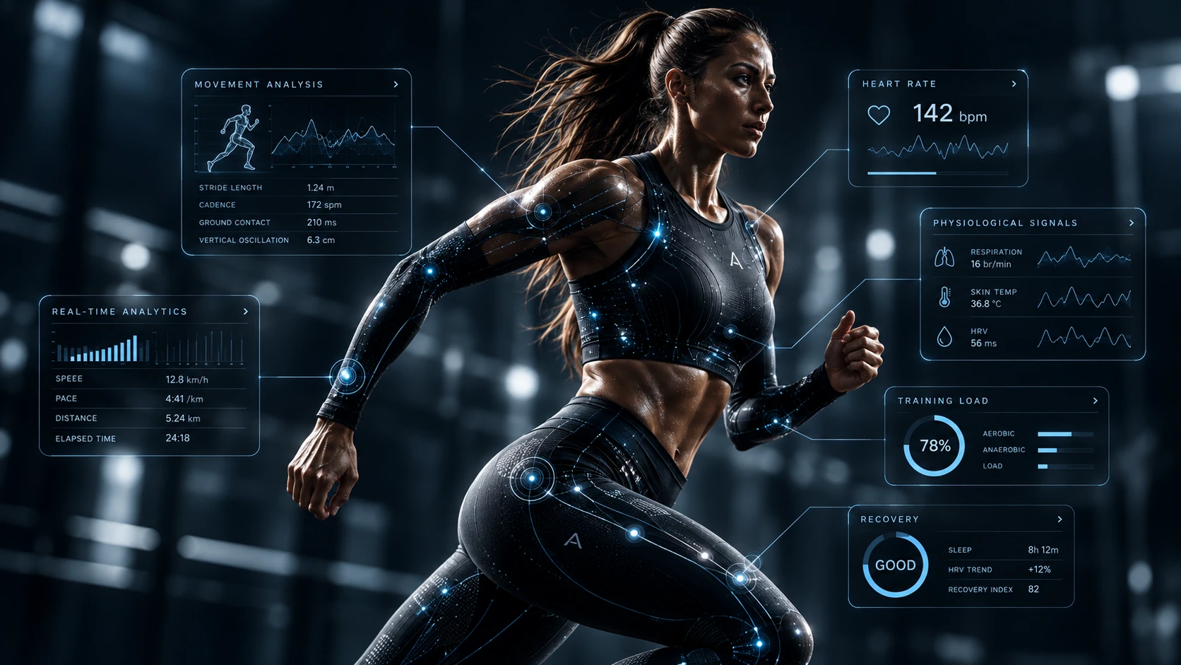 Sensor-enabled training apparel concept on a runner with illustrative physiological overlays