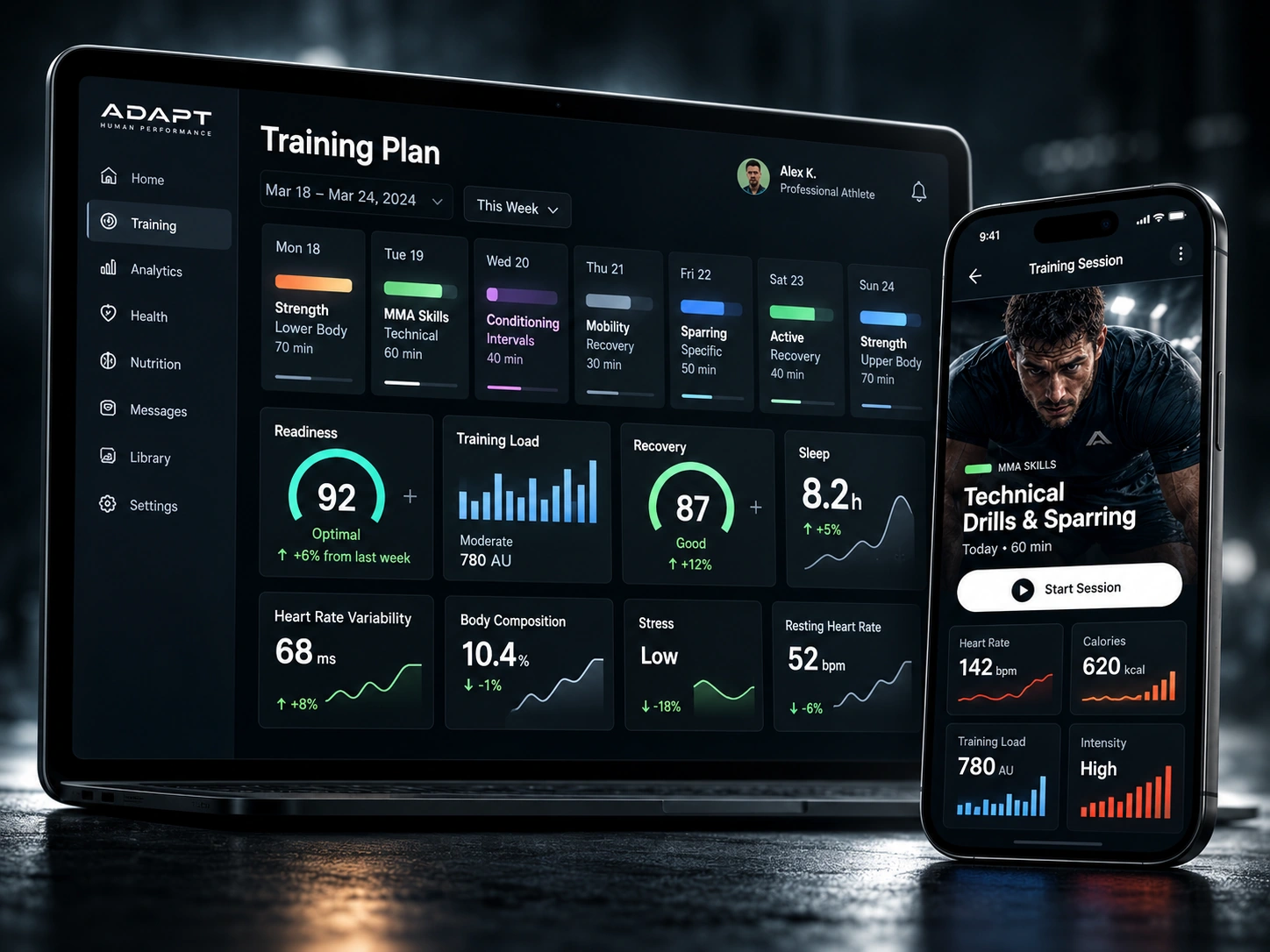 Concept rendering of ADAPT laptop dashboard and smartphone training interface