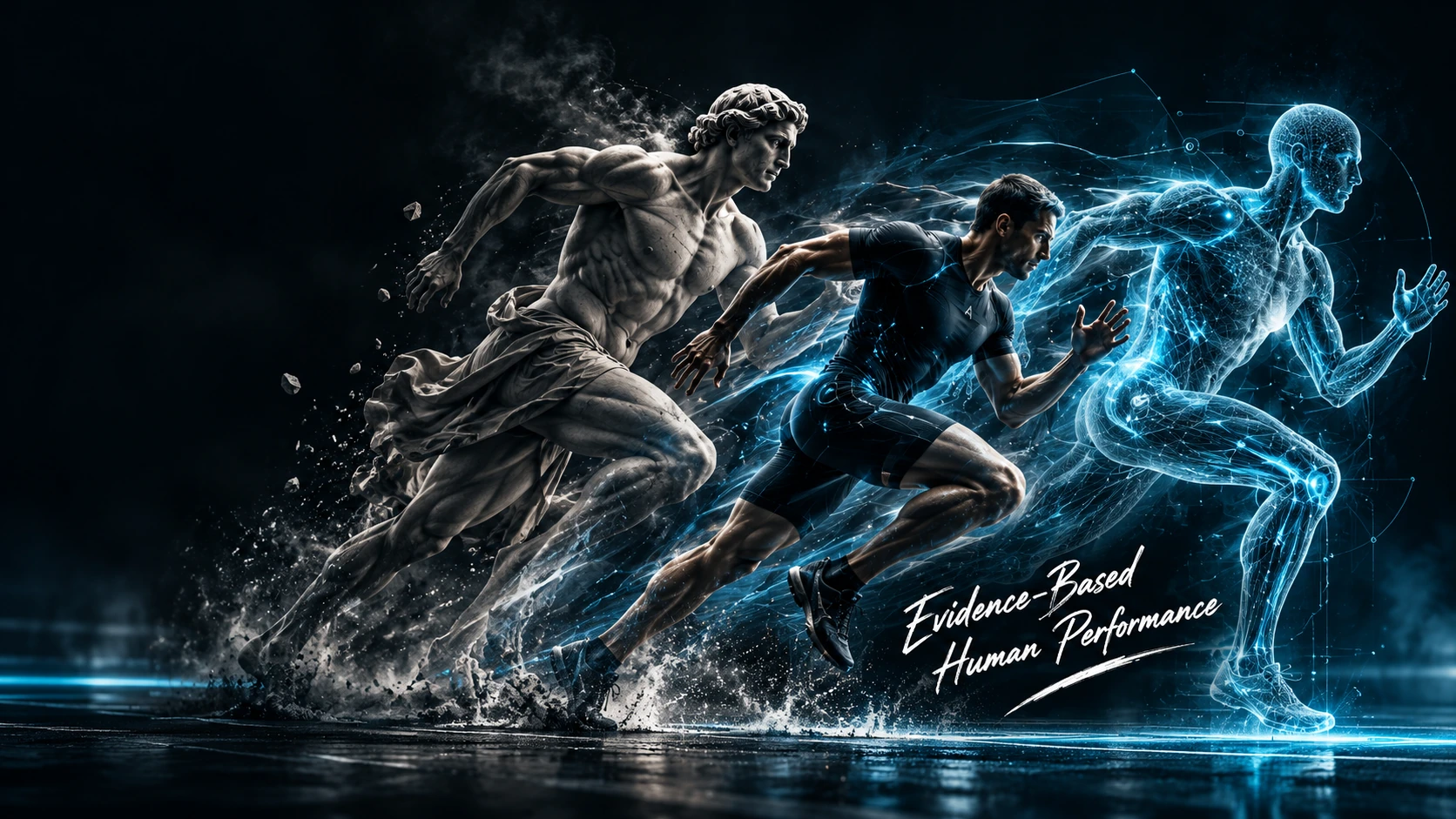 Classical athlete transforms into a modern runner and blue digital human twin