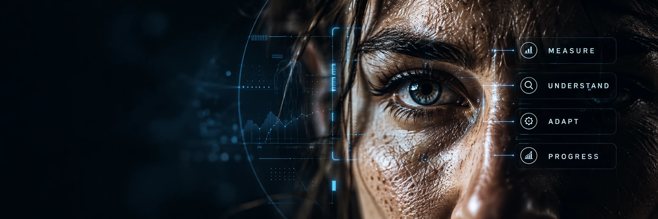 Close-up portrait with visual cues for measure, understand, adapt and progress